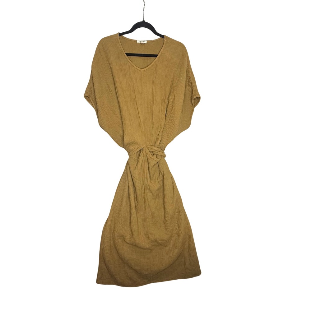 SUUNDAY The Dolman Brown Gauze V-Neck Tie Waist Boho Midi Dress Womens Medium